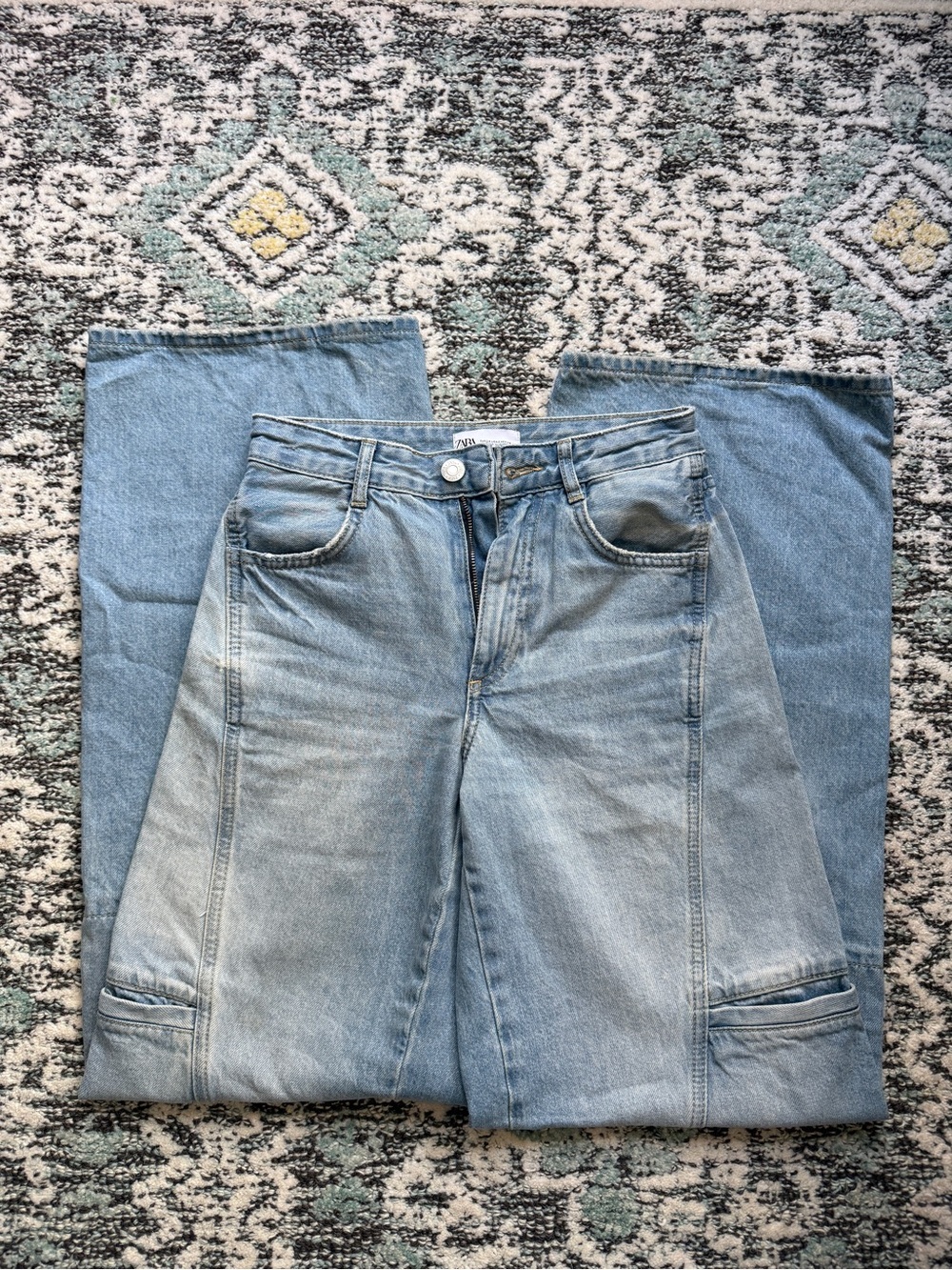 Zara Light Wash Wide Leg Utility Jeans